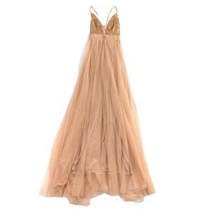 Luxxel Sequin Chiffon Long Gown Maxi Dress Medium Beige Nude Event Prom Formal M